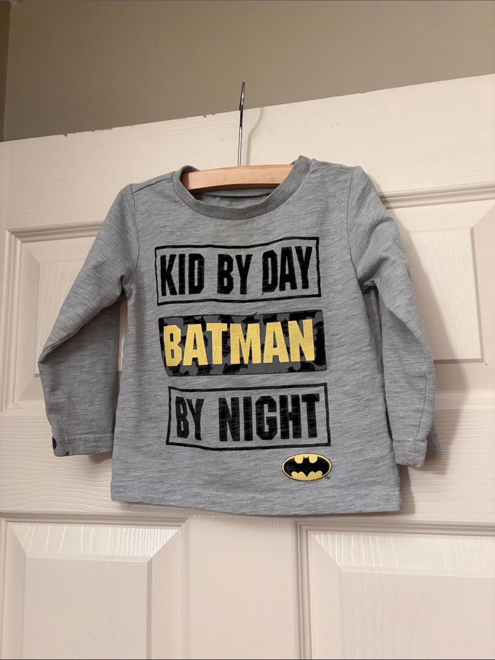 Batman Grey Long Sleeve 'Kid By Day' Graphic Tee with Yellow Logo
